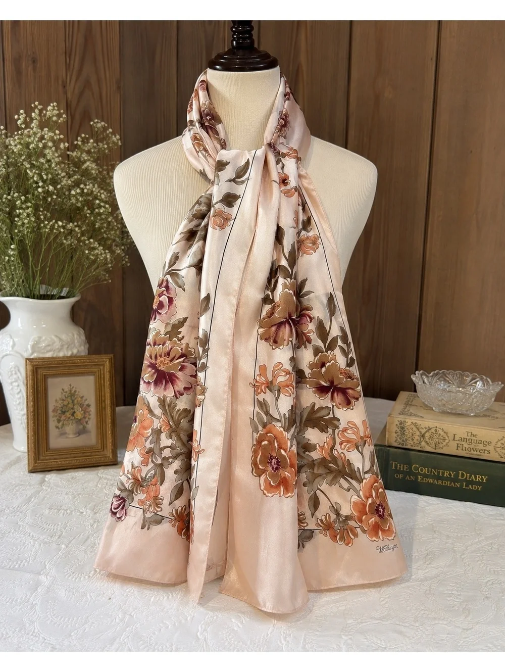 Vintage Worthington Floral Scarf Peach Burgundy Botanical Silky Long Neck Scarf